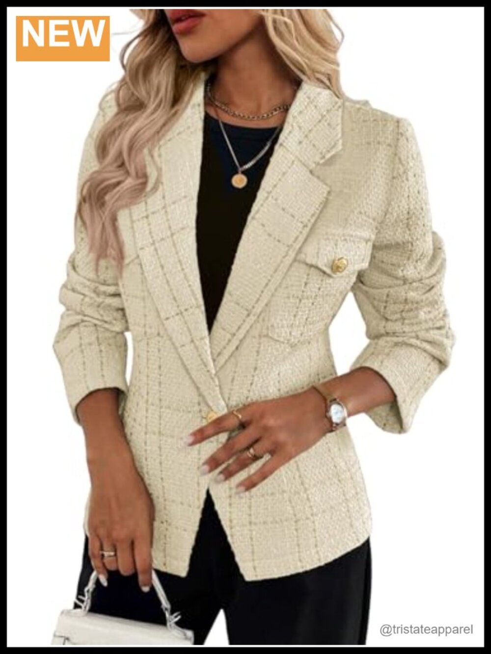 Women's Tweed Plaid Blazer Notch Collar Button Business Casual Jacket